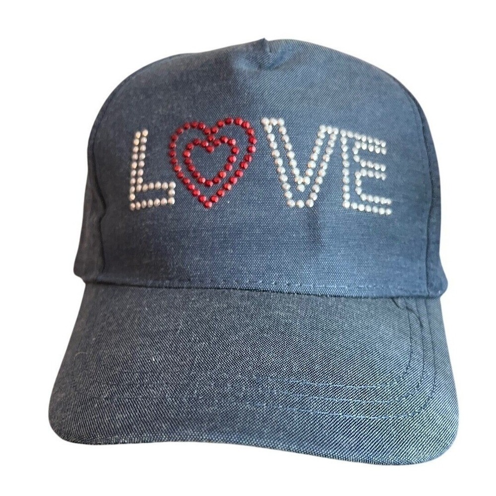 Womens Blue Denim LOVE Heart Rhinestone Studded Snapback Baseball Cap Hat